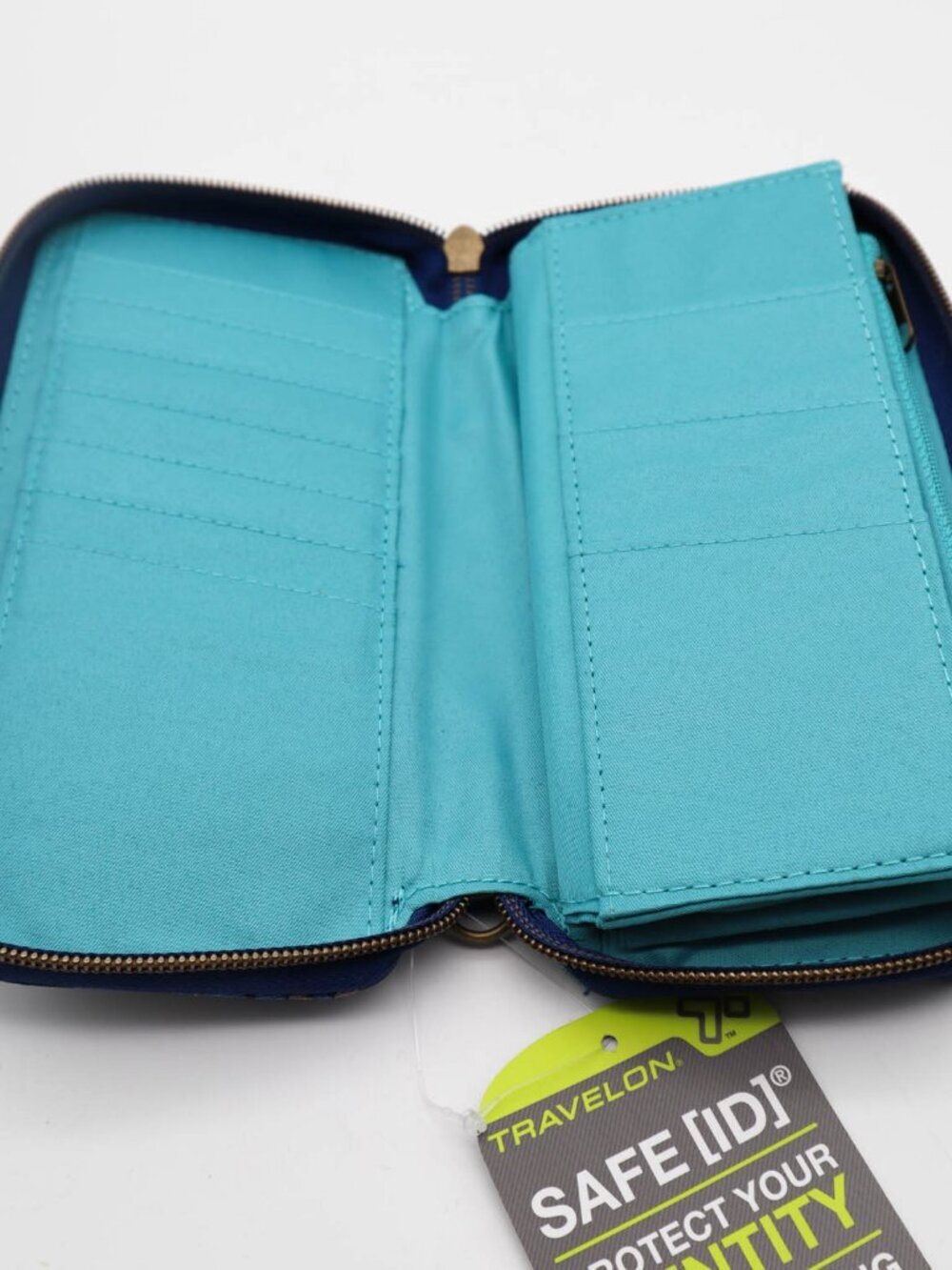 Travelon RFID Wristlet Zip Around Wallet Nylon Blue Abstract Print Organizers - Picture 6 of 7